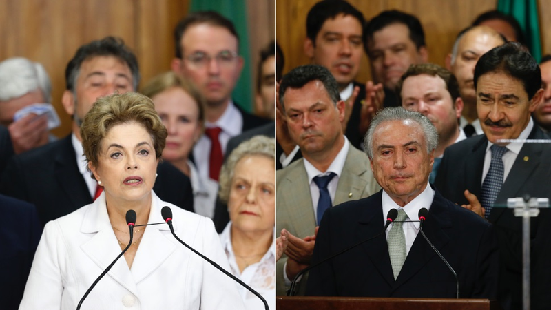 At left, President Dilma Rousseff speaks to supporters after the Senate voted to accept impeachment charges against her on May 12. At right, Interim President Michel Temer attends a signing ceremony for new government ministers that same day.